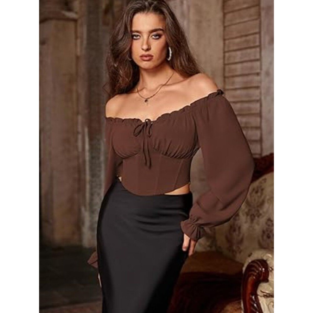 Vintage Corset Tops for Women Renaissance Blouse Off Shoulder Long Sleeve Top S - Picture 2 of 5